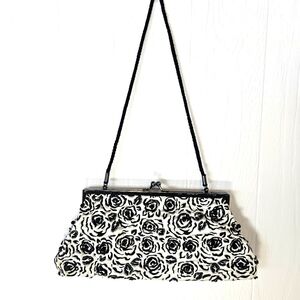 LANCOME White Black Rose Beaded Clutch Purse